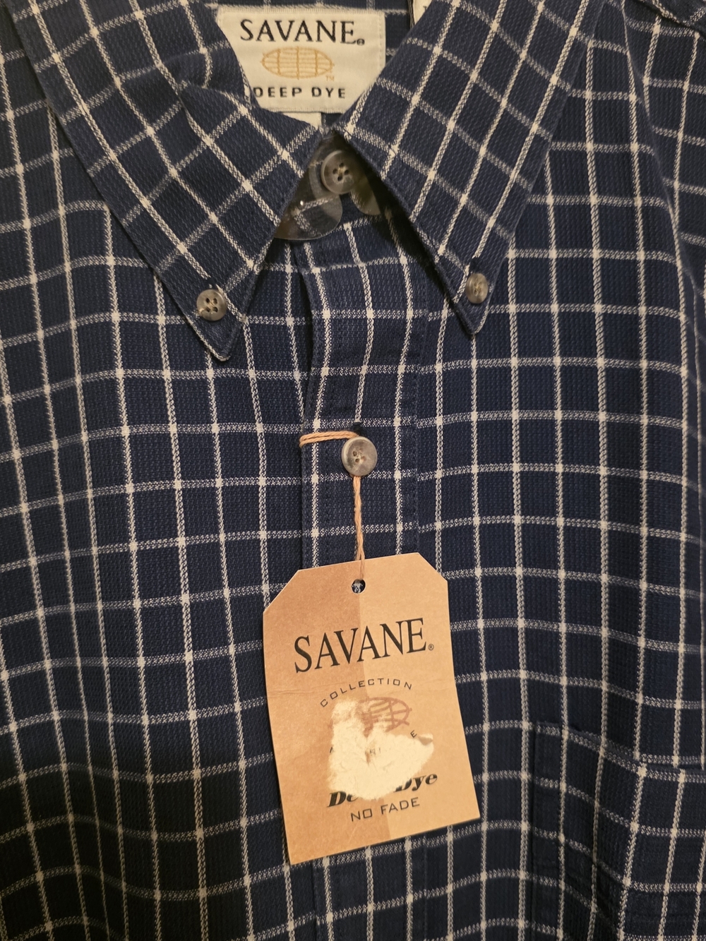 Savane Deep Dye No Wrinkles Indigo Check Men's Button Down Shirt Size L - Picture 4 of 9
